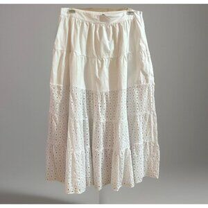 Angela Horton Eyelet Midi Skirt Size L White Tiered Prairie Cottage Boho Blogger